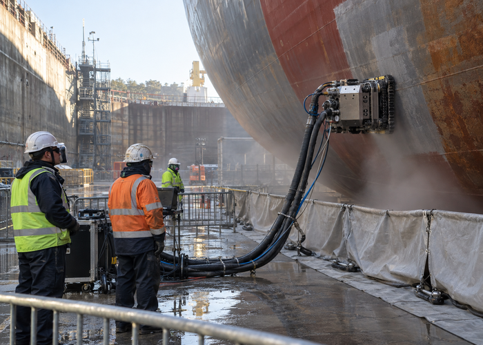 real shipyard dry dock with an unbranded tracked hull blasting robot carrying physical LiDAR beside a steel ship hull validation scene 3