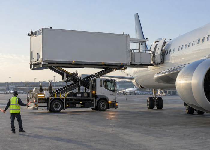 real unbranded airport catering high-lift truck with visible physical LiDAR approaching an aircraft galley door under crew supervision in a realistic LiDAR application scene