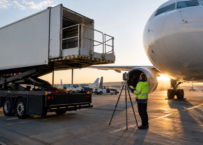 real unbranded airport catering high-lift truck with visible physical LiDAR approaching an aircraft galley door under crew supervision validation scene 3