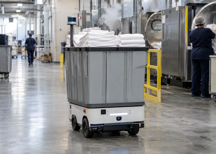 real autonomous laundry cart robot with physical LiDAR carrying linens through a commercial laundry corridor with steam and safely separated staff in a realistic LiDAR application scene