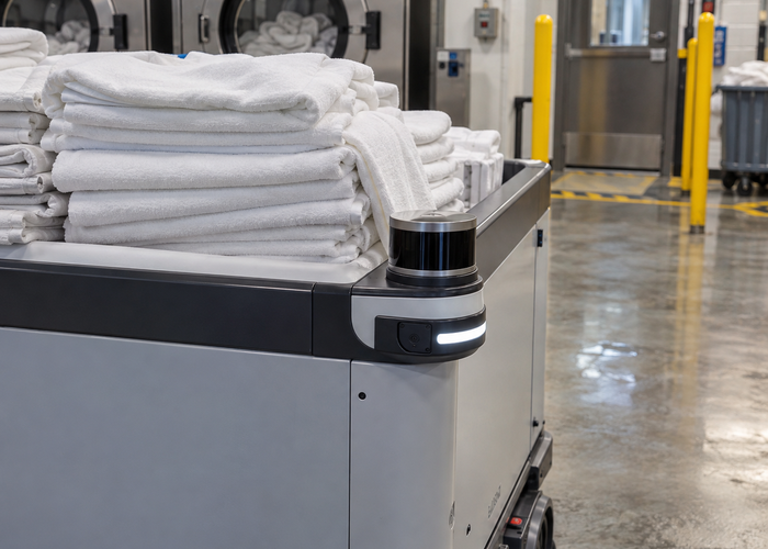 real autonomous laundry cart robot with physical LiDAR carrying linens through a commercial laundry corridor with steam and safely separated staff validation scene 2