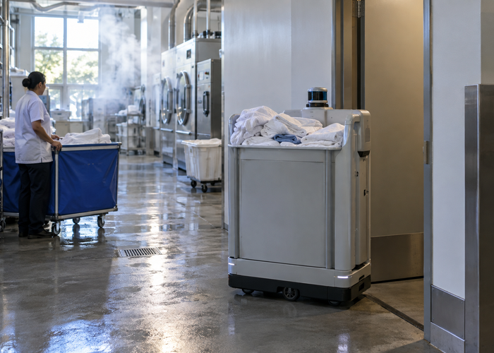 real autonomous laundry cart robot with physical LiDAR carrying linens through a commercial laundry corridor with steam and safely separated staff validation scene 3