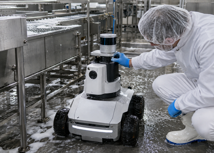 real food-processing washdown room with stainless equipment and an unbranded mobile robot carrying visible physical LiDAR during sanitation validation validation scene 2