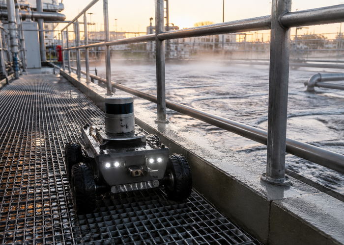 rugged inspection robot using physical LiDAR on a wet wastewater-treatment walkway beside tanks and safety railings validation scene 2