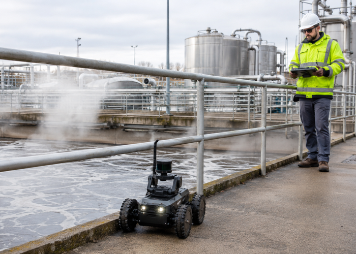 rugged inspection robot using physical LiDAR on a wet wastewater-treatment walkway beside tanks and safety railings validation scene 3