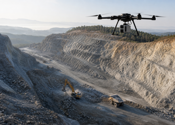 construction survey crew and drone LiDAR mapping a deep excavation with sloped cuts and haul trucks in a realistic LiDAR application scene