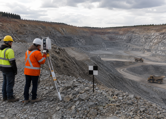 construction survey crew and drone LiDAR mapping a deep excavation with sloped cuts and haul trucks validation scene 2