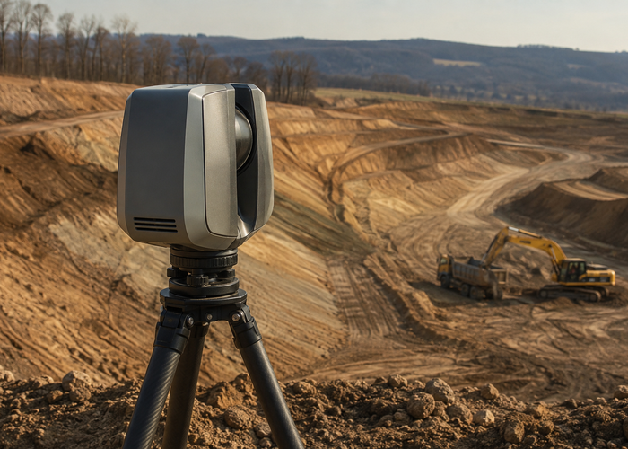 construction survey crew and drone LiDAR mapping a deep excavation with sloped cuts and haul trucks validation scene 3