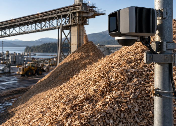 real pulp mill wood chip stockyard with a conveyor, wheel loader and an unbranded physical LiDAR scanner mapping a large irregular pile validation scene 2