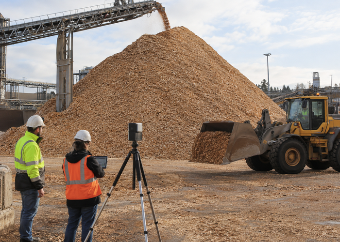 real pulp mill wood chip stockyard with a conveyor, wheel loader and an unbranded physical LiDAR scanner mapping a large irregular pile validation scene 3