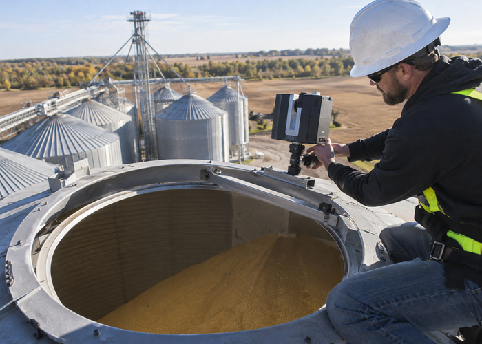 real grain silo interior inspection context with a visible unbranded physical LiDAR scanner safely mounted near roof access above grain surface validation scene 2