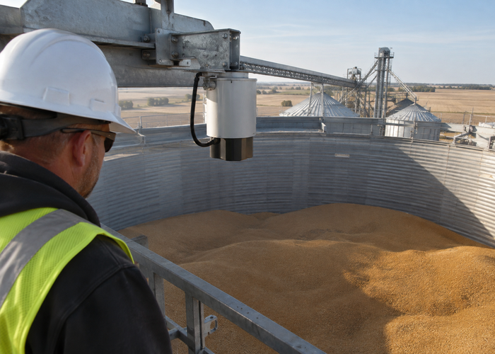 real grain silo interior inspection context with a visible unbranded physical LiDAR scanner safely mounted near roof access above grain surface validation scene 3