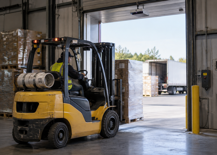 real warehouse dock door with forklift moving a wrapped pallet beneath a visible unbranded physical flash LiDAR depth sensor in a realistic LiDAR application scene