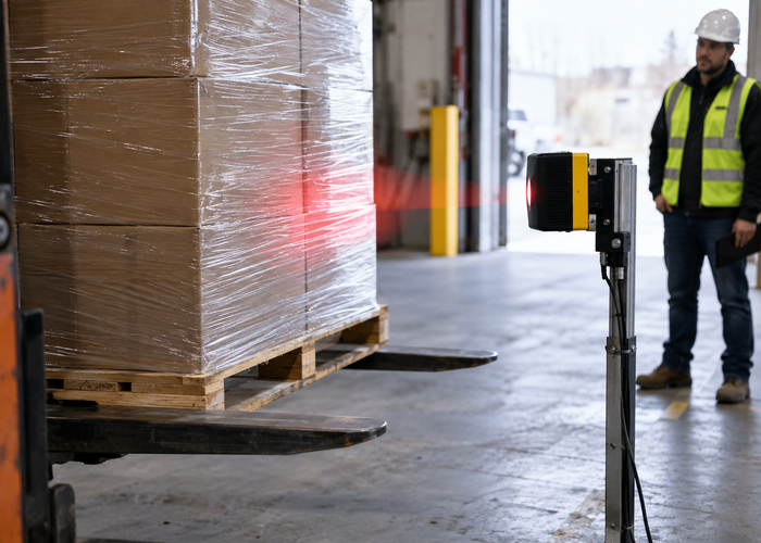 real warehouse dock door with forklift moving a wrapped pallet beneath a visible unbranded physical flash LiDAR depth sensor validation scene 2
