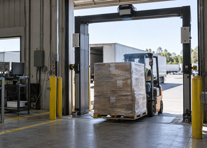 real warehouse dock door with forklift moving a wrapped pallet beneath a visible unbranded physical flash LiDAR depth sensor validation scene 3