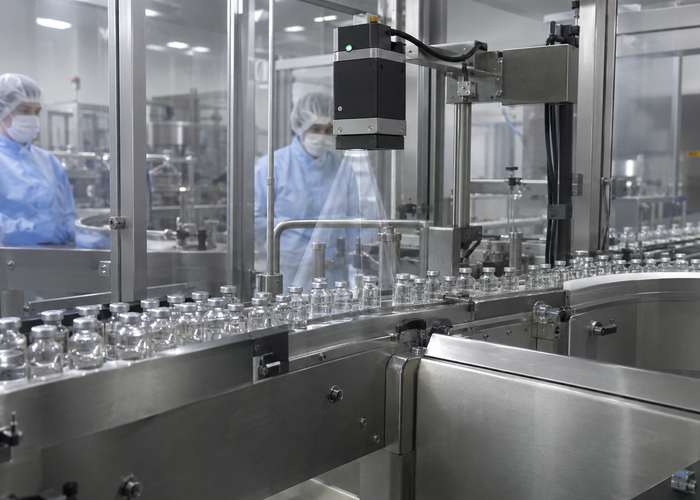 real pharmaceutical vial inspection line with transparent glass vials and a physical unbranded flash LiDAR depth camera in a clean production enclosure in a realistic LiDAR application scene