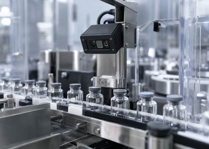 real pharmaceutical vial inspection line with transparent glass vials and a physical unbranded flash LiDAR depth camera in a clean production enclosure validation scene 2