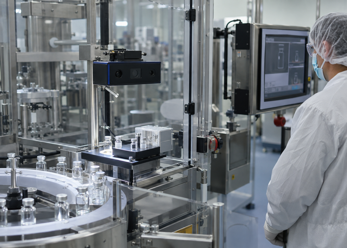 real pharmaceutical vial inspection line with transparent glass vials and a physical unbranded flash LiDAR depth camera in a clean production enclosure validation scene 3