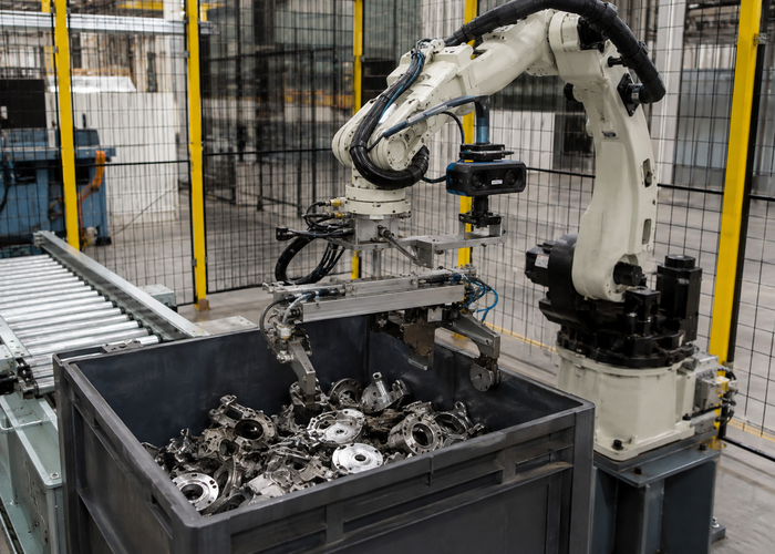 industrial robot using a physical flash LiDAR camera to pick mixed parts from a deep bin in a realistic LiDAR application scene