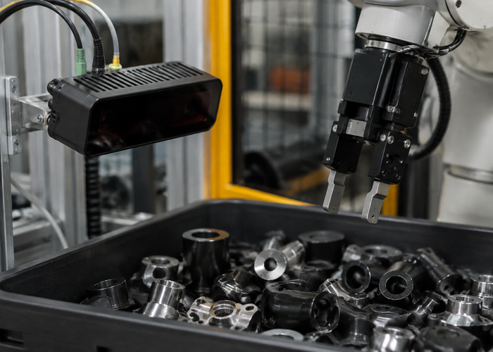 industrial robot using a physical flash LiDAR camera to pick mixed parts from a deep bin validation scene 2