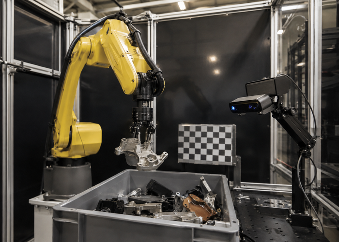 industrial robot using a physical flash LiDAR camera to pick mixed parts from a deep bin validation scene 3