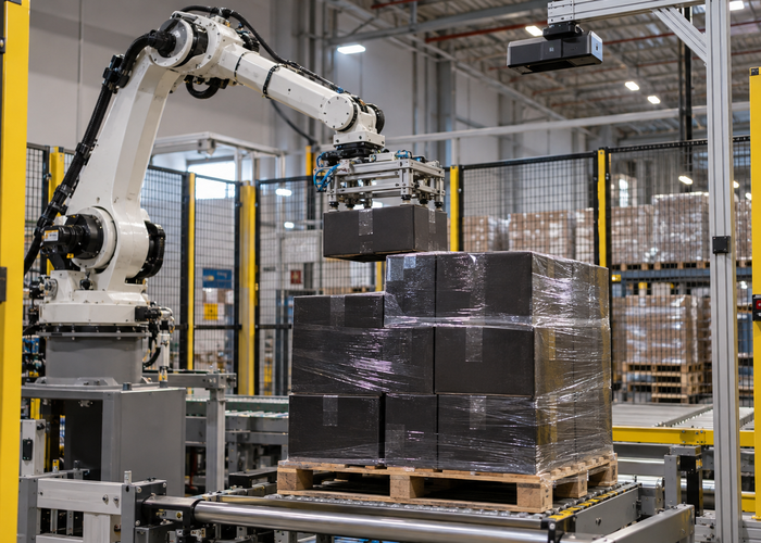 real industrial robotic depalletizing cell using an unbranded flash LiDAR depth camera to inspect mixed dark cartons, reflective tape and clear stretch wrap before a grasp in a realistic LiDAR application scene