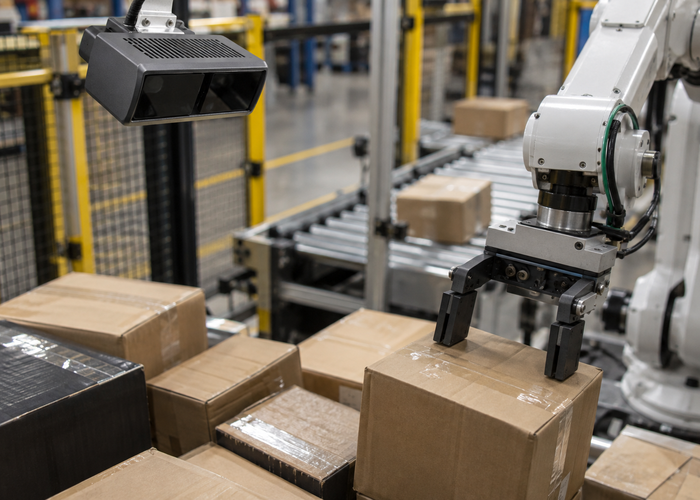 real industrial robotic depalletizing cell using an unbranded flash LiDAR depth camera to inspect mixed dark cartons, reflective tape and clear stretch wrap before a grasp validation scene 2