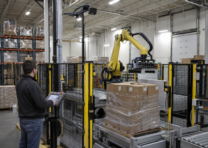 real industrial robotic depalletizing cell using an unbranded flash LiDAR depth camera to inspect mixed dark cartons, reflective tape and clear stretch wrap before a grasp validation scene 3