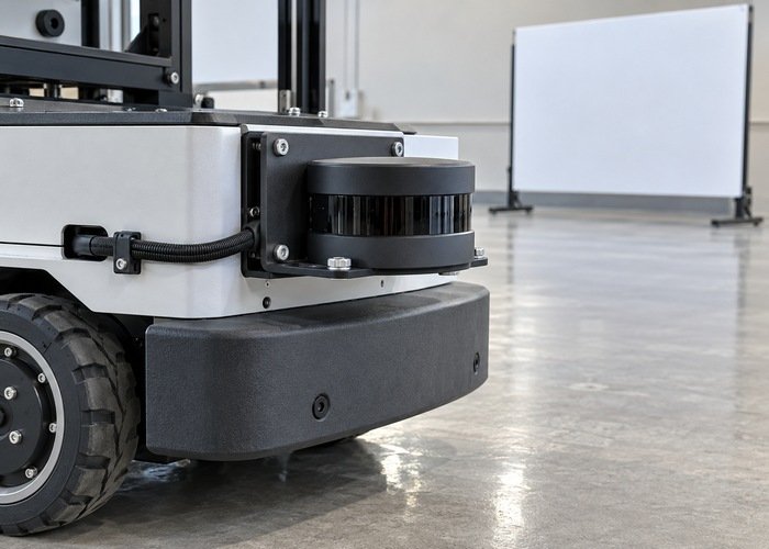 Generic low-mounted planar LiDAR and nearby robot body bracket in a stationary inspection fixture