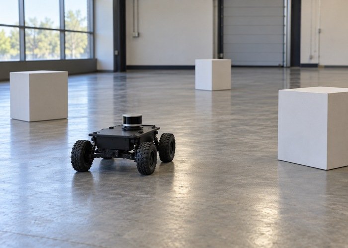 Asymmetric target boxes around a stationary lidar robot in a clear test area