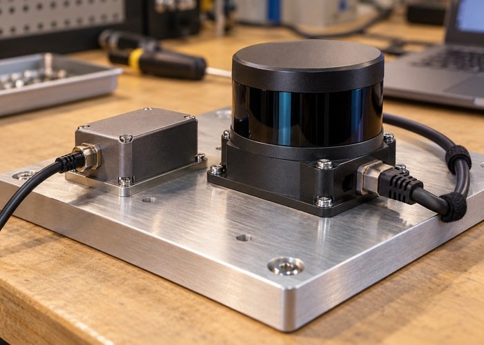 Generic inertial sensor and LiDAR base securely mounted on an aluminum test plate