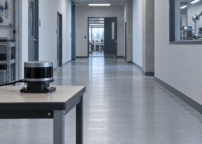 Empty laboratory corridor with rigid walls and a supported LiDAR test fixture