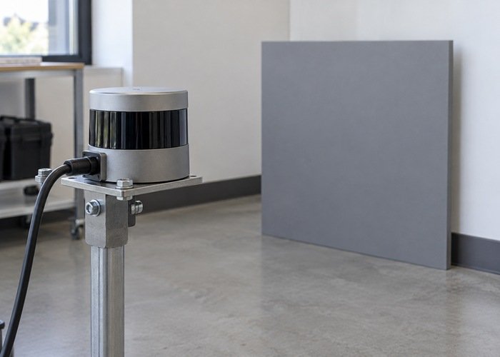 Generic LiDAR sensor aimed at a stationary matte test target in a laboratory