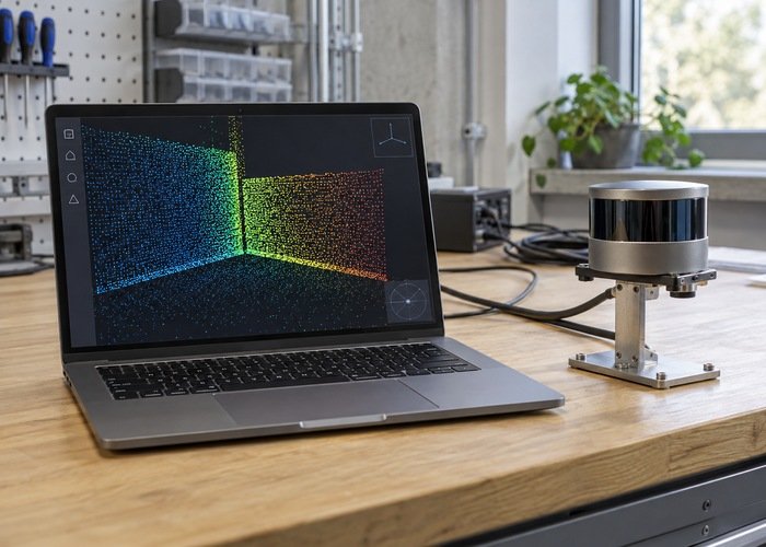 Laptop with an illustrative point-cloud view beside a generic laboratory LiDAR sensor