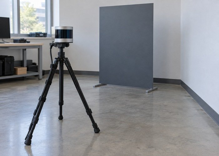 Generic LiDAR sensor on a tripod facing stationary laboratory test targets