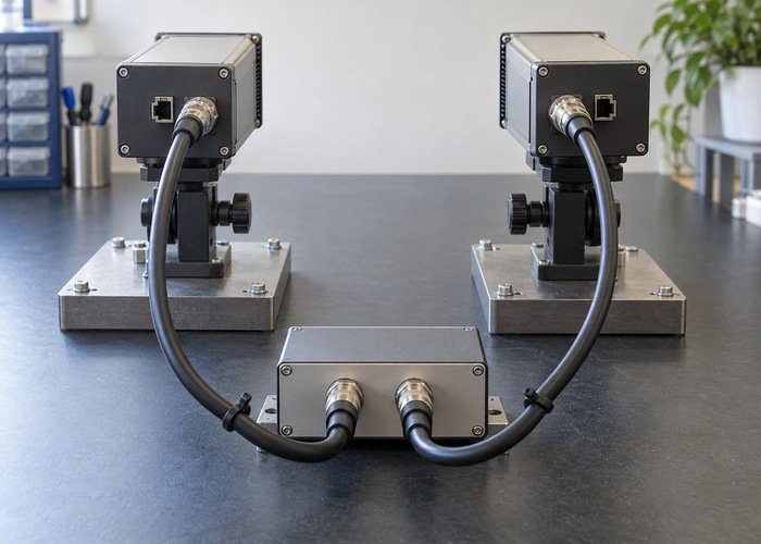 Rear cable connections of two generic cameras on separate stable fixtures