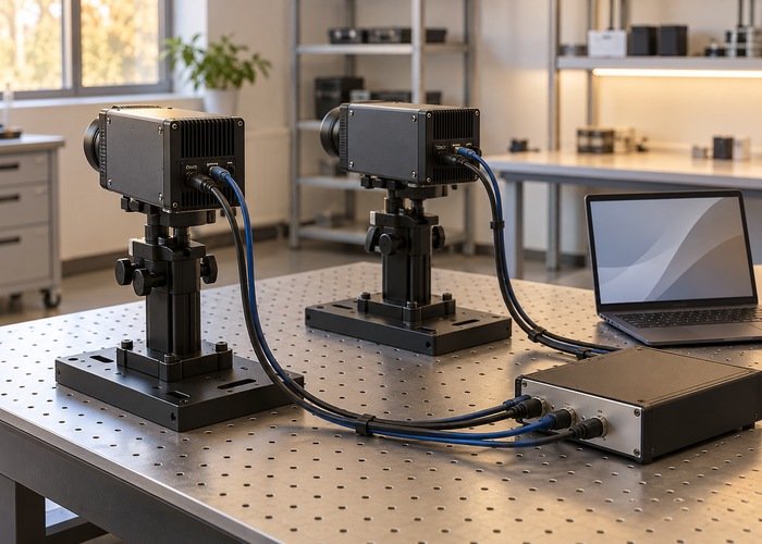 Two supported generic camera housings and routed cables beside a test computer