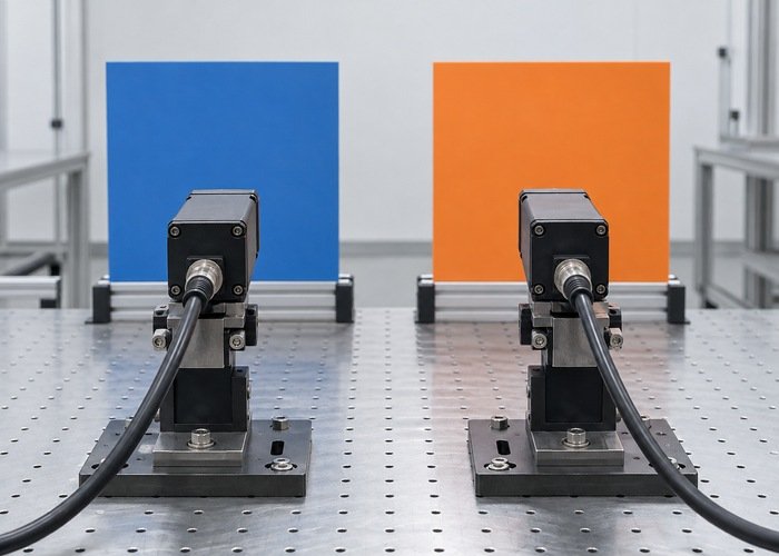 Rear view of two generic cameras aligned with separate colored matte targets