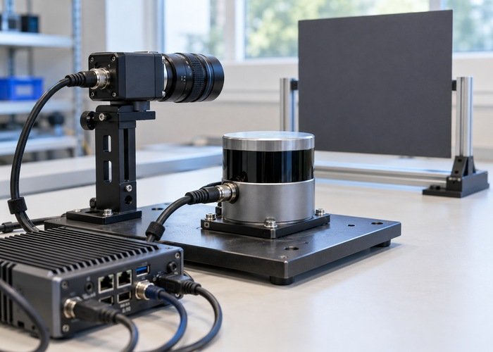 Generic camera and LiDAR cabling on a supported capture-alignment test fixture