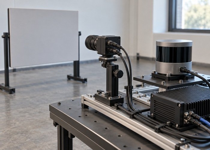 Generic LiDAR and camera timing-test fixture with a supported target