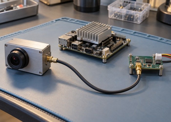 Generic camera module and embedded carrier board arranged on a clean electronics bench