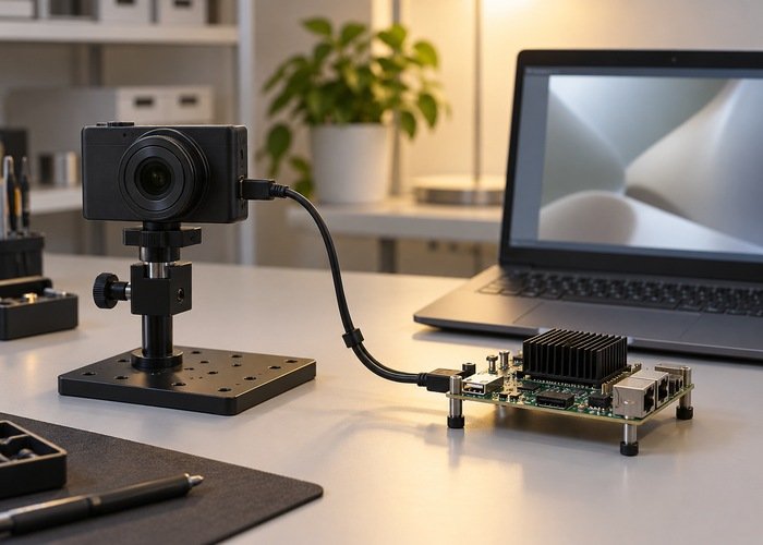 Generic camera connected to a supported electronics fixture beside a test computer