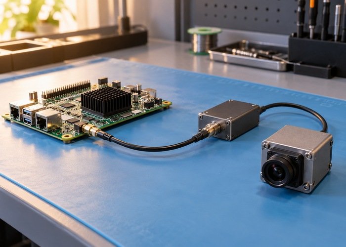 Generic camera, embedded carrier and interface hardware on an electronics bench