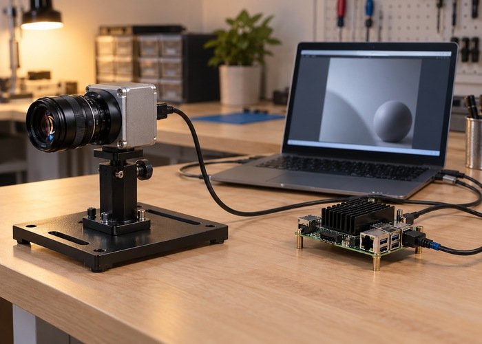 Generic camera module and supported embedded board beside a laboratory test computer