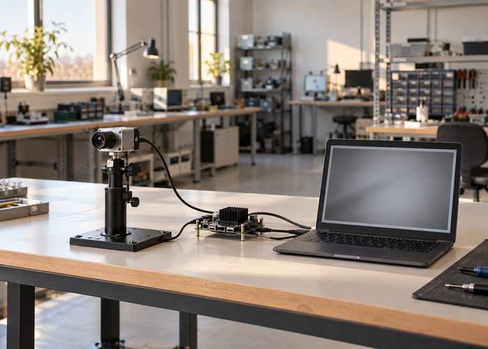 Supported generic camera fixture facing a matte scene beside a test laptop