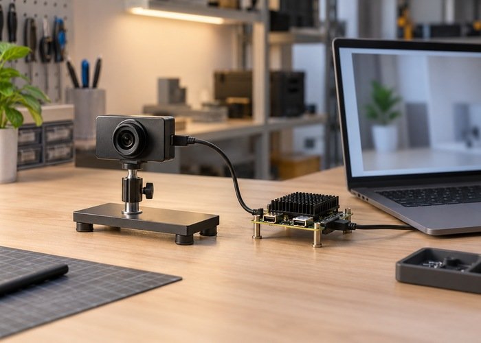Generic camera and supported embedded board beside a laboratory laptop