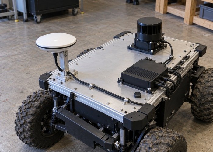 Rigid GNSS antenna bracket offset from the center of a small robot chassis