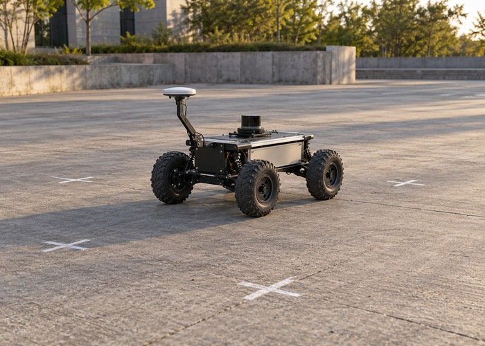 Ground robot beside floor reference marks in a quiet outdoor rotation test area