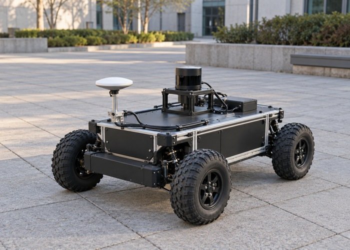 Research robot with GNSS antenna mounted forward of the chassis center