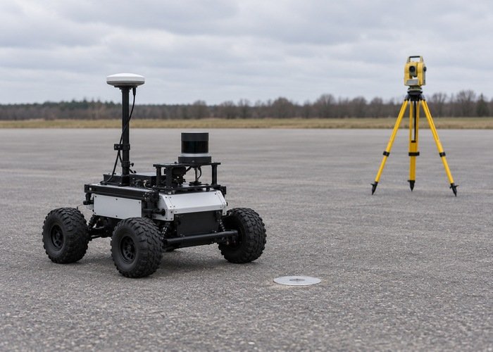 Survey tripod and small lidar robot beside a simple ground reference marker